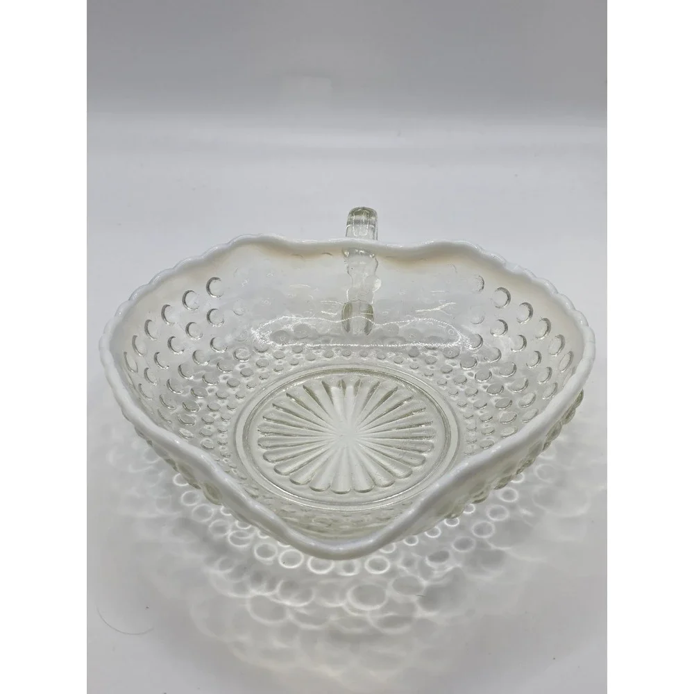 Vintage Fenton Heart MOONSTONE HOBNAIL HEART Opalescent Candy Bowl w Handle